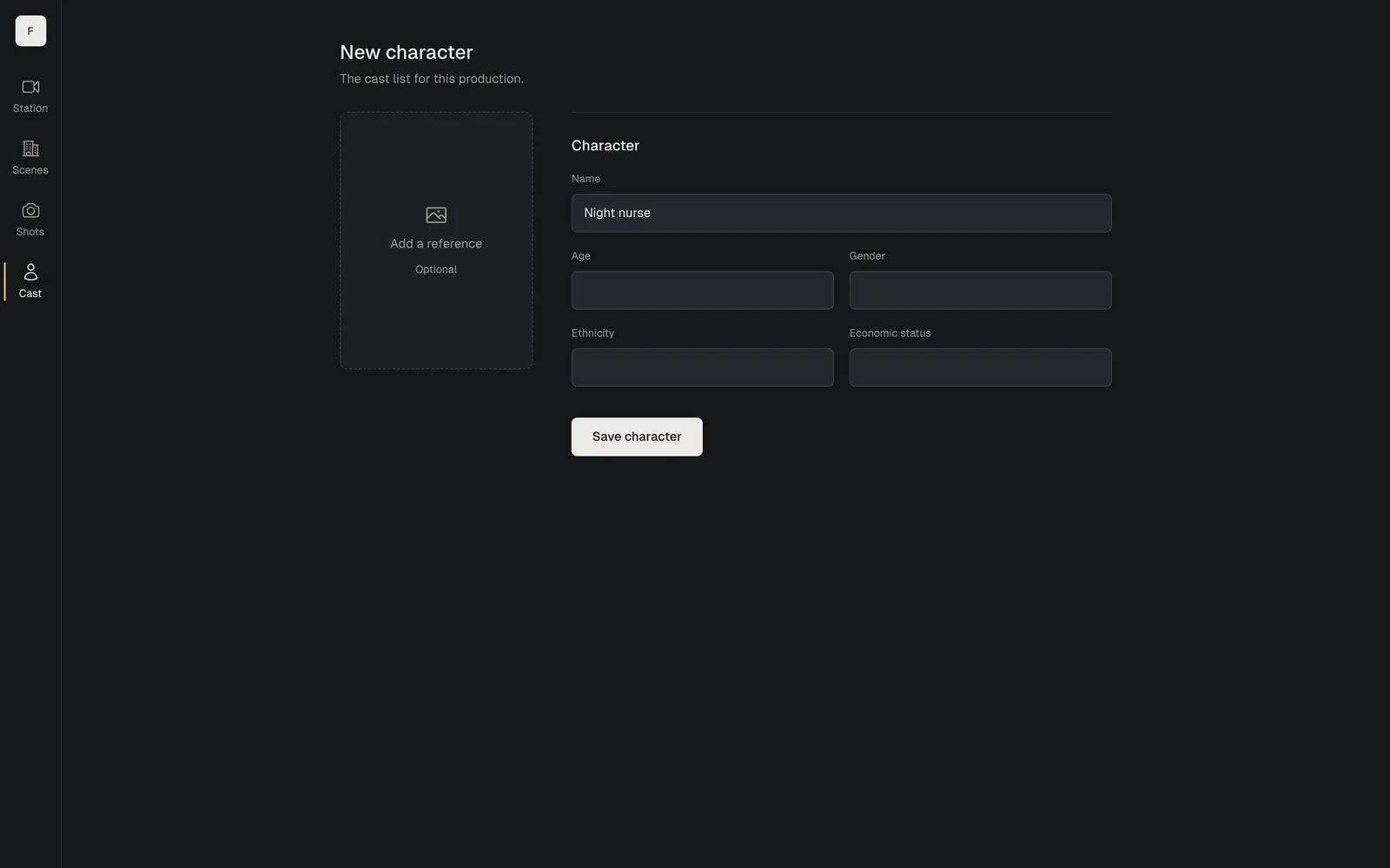New character: a reference image slot, a name and attributes, and a save button.
