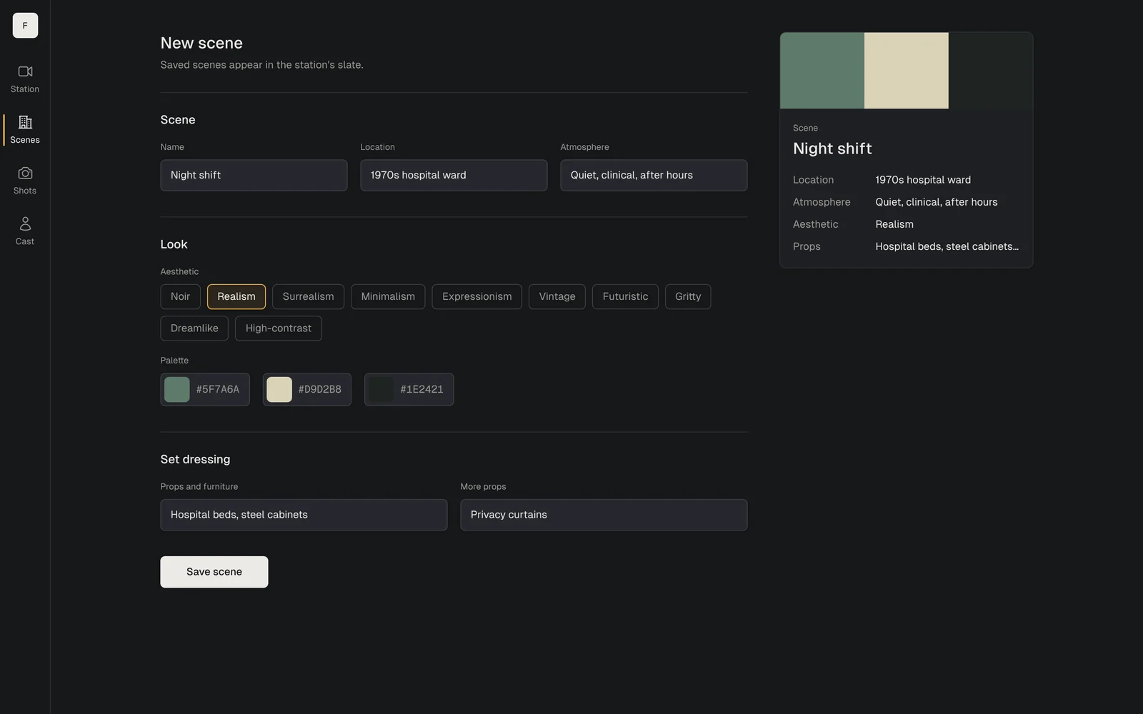 New scene: name, location and atmosphere; an aesthetic picker and a three-colour palette; props; a preview card of the scene on the right.