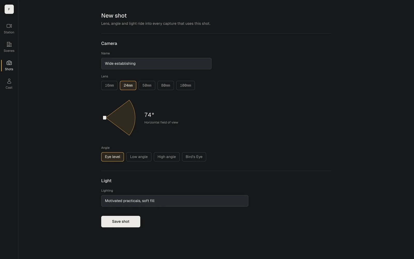 New shot: a shot name, lens choices with a field-of-view diagram, camera angle, lighting, and a save button.