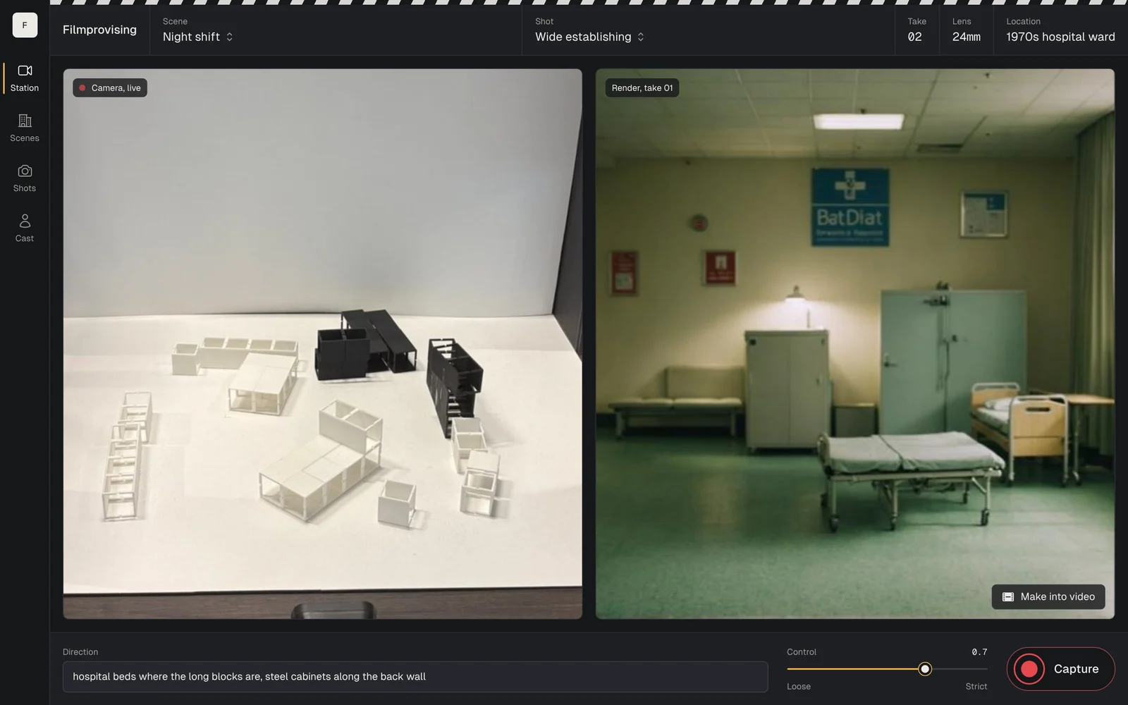 The station: a slate across the top with scene, shot, take, lens and location; the live camera feed of the miniature set on the left; the rendered hospital ward on the right; direction, Control and Capture along the bottom.
